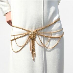 ZARA Women's SEASHELL Chain BELT Gold Color With Pearls